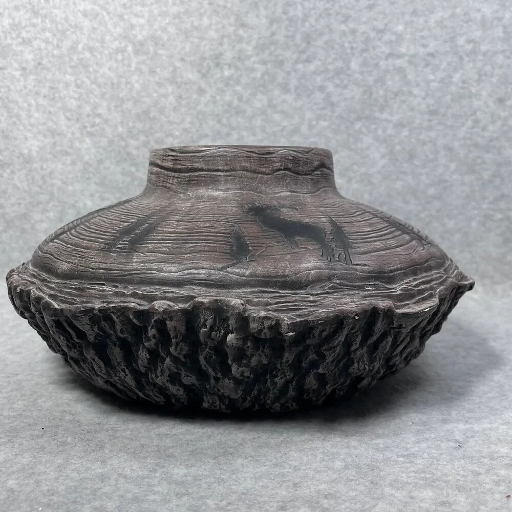 Studio Art Woodland Vase Pottery Bark Base Artist Signed‎ Cabin Elk Life Ceramic